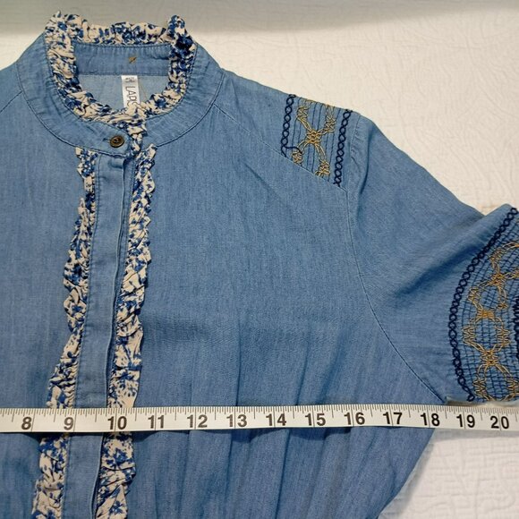 Anthropologie Lapis Maxi Dress Blue Chambray Embroidered Tiered Boho Western L - Picture 10 of 13
